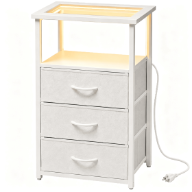 3 Drawer Nightstand with Charging Station, Glass Top End Table with Power Outlets and USB Ports, RGB LED Light Bedside Table with Open Shelf