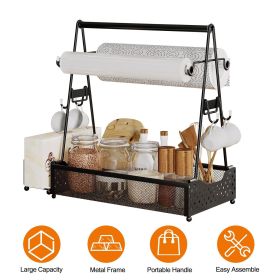 Outdoor BBQ Grill Caddy, Multi-Compartment Metal Utensil Storage Organizer with Paper Towel Holders, Side Hooks and Basket for Camping