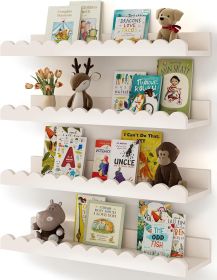Children's room bookshelf, set of 4 white floating shelves, fan-shaped design, suitable for children's bedrooms, nurseries, and playrooms.