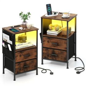 2pcs Nightstand with LED Lights & Charging Station, 2 Folding Fabric Drawers (Option: default title)