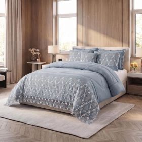 3-Piece Lace Embroidered Comforter Set with 2 Pillow Shams, Elegant Floral Bedding for Queen, King and California King Beds (Option: Light Blue-Queen)