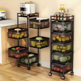 Rotating Kitchen Storage Shelf 5 Tier, Metal Fruit Vegetable Storage Basket Multi-Layer Vegetable Rack Storage Trolley on Wheels (Color: Black)