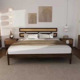 Dark walnut wood painted finish + rattan and pine wood double headboard King size bed, Bohemian style (Option: default title)